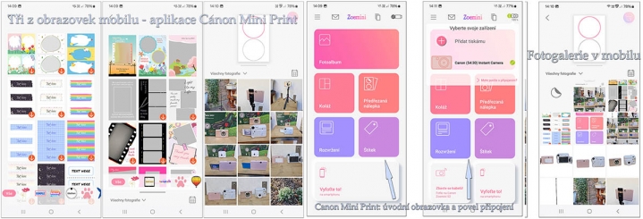 Ukázka různých obrazovek aplikace Canon Mini Print...